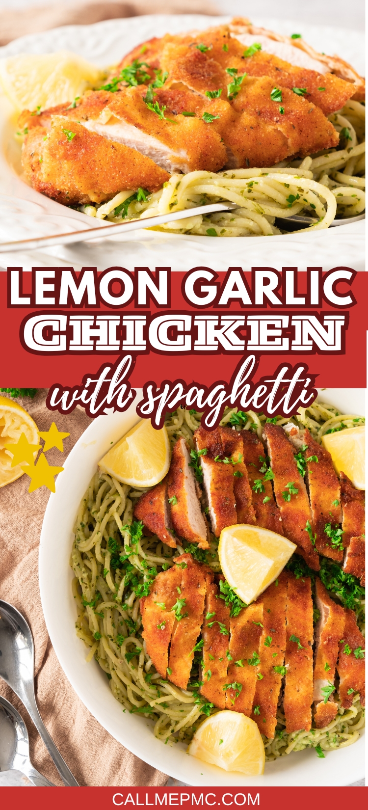 Crispy lemon garlic chicken, perfectly sliced and served on a bed of spaghetti with vibrant green sauce, is garnished with fresh parsley and lemon wedges. A fork rests beside the plate. Text overlay reads “Lemon Garlic Chicken with Spaghetti.”.