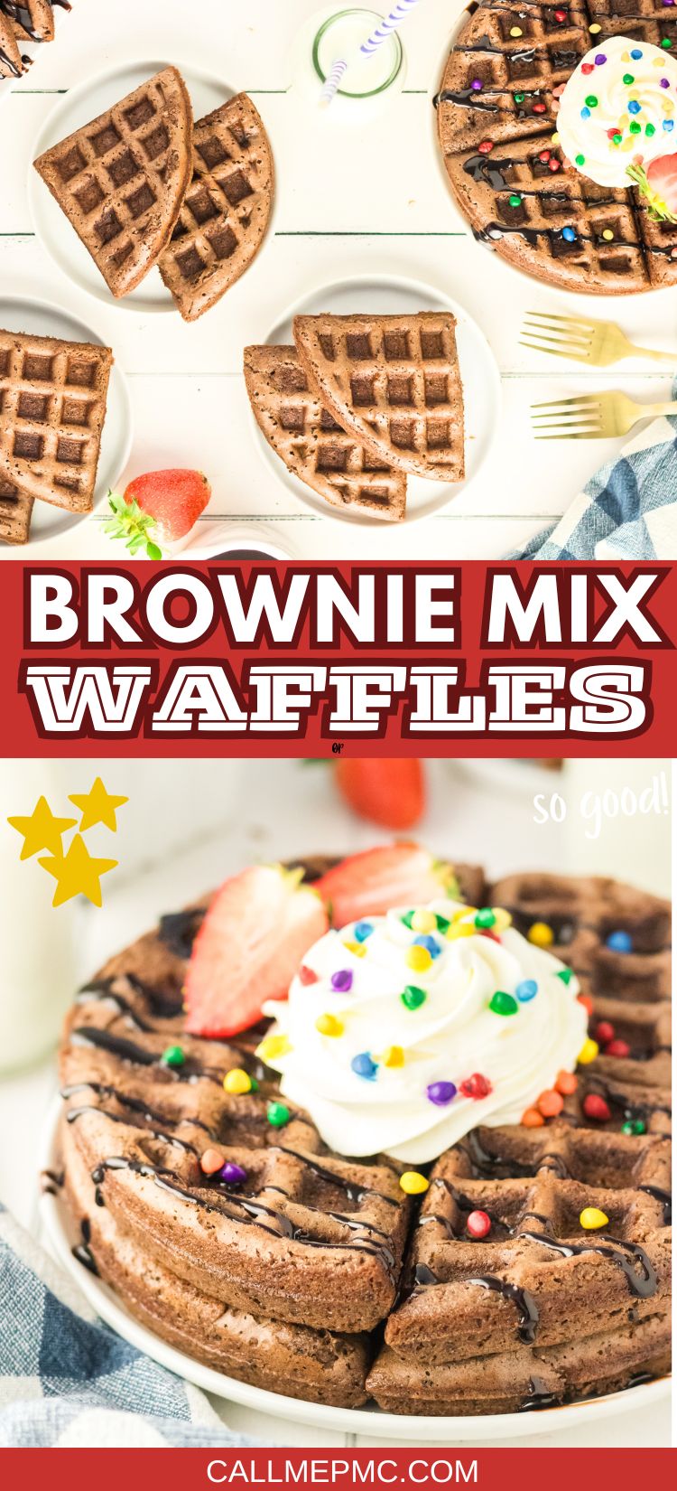 Indulge in decadent Brownie Mix Waffles made from rich brownie mix, topped with fluffy whipped cream, drizzled chocolate sauce, vibrant candy sprinkles, and fresh strawberries, all beautifully served on white plates. Text overlay reads “Brownie Mix Waffles.”.