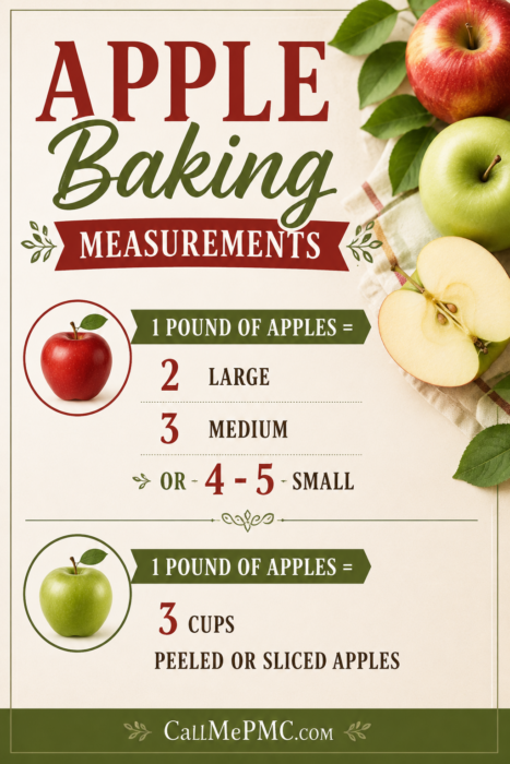 Infographic showing apple baking measurements: 1 pound equals 2 large, 3 medium, or 4-5 small apples, or 3 cups peeled or sliced apples. Includes images of red and green apples, both whole and sliced.