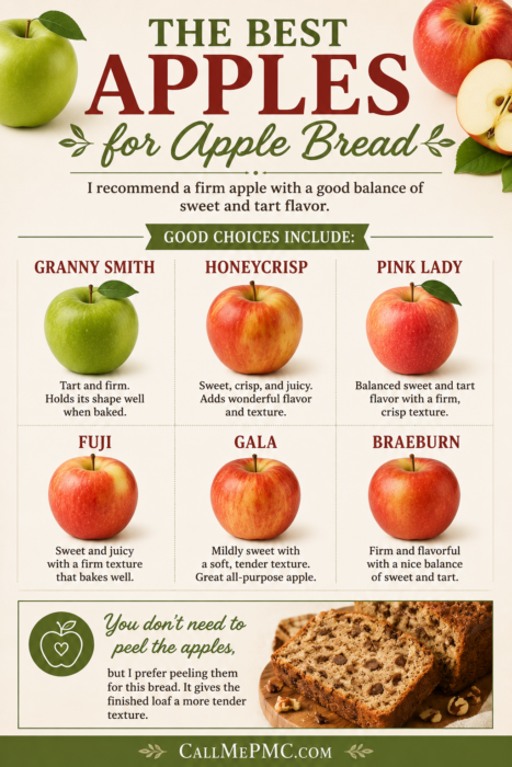 Infographic listing the best apples for bread: Granny Smith, Honeycrisp, Pink Lady, Fuji, Gala, and Braeburn, with descriptions and an image of apple bread at the bottom.