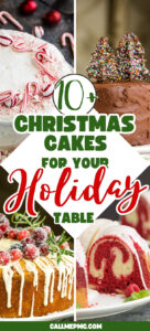 Collage of festive Christmas Cakes, including chocolate, peppermint, berry, and red velvet varieties, with the text “10+ Christmas cakes for your holiday table” at the center.