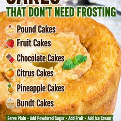 A golden Bundt cake garnished with mint is shown, accompanied by text listing cakes that don’t need frosting—such as pound, fruit, chocolate, citrus, pineapple, and Bundt cakes—with serving suggestions at the bottom.