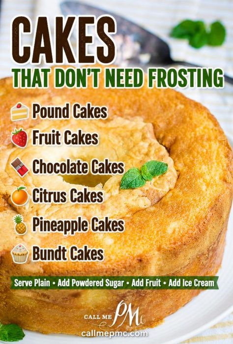 A golden Bundt cake garnished with mint is shown, accompanied by text listing cakes that don’t need frosting—such as pound, fruit, chocolate, citrus, pineapple, and Bundt cakes—with serving suggestions at the bottom.