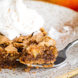 A fork with a bite of spiced cake rests on a speckled plate, topped with a swirl of whipped cream. In the background, a blurred apple hints at the classic flavors of German Apple Cake throughout the scene.