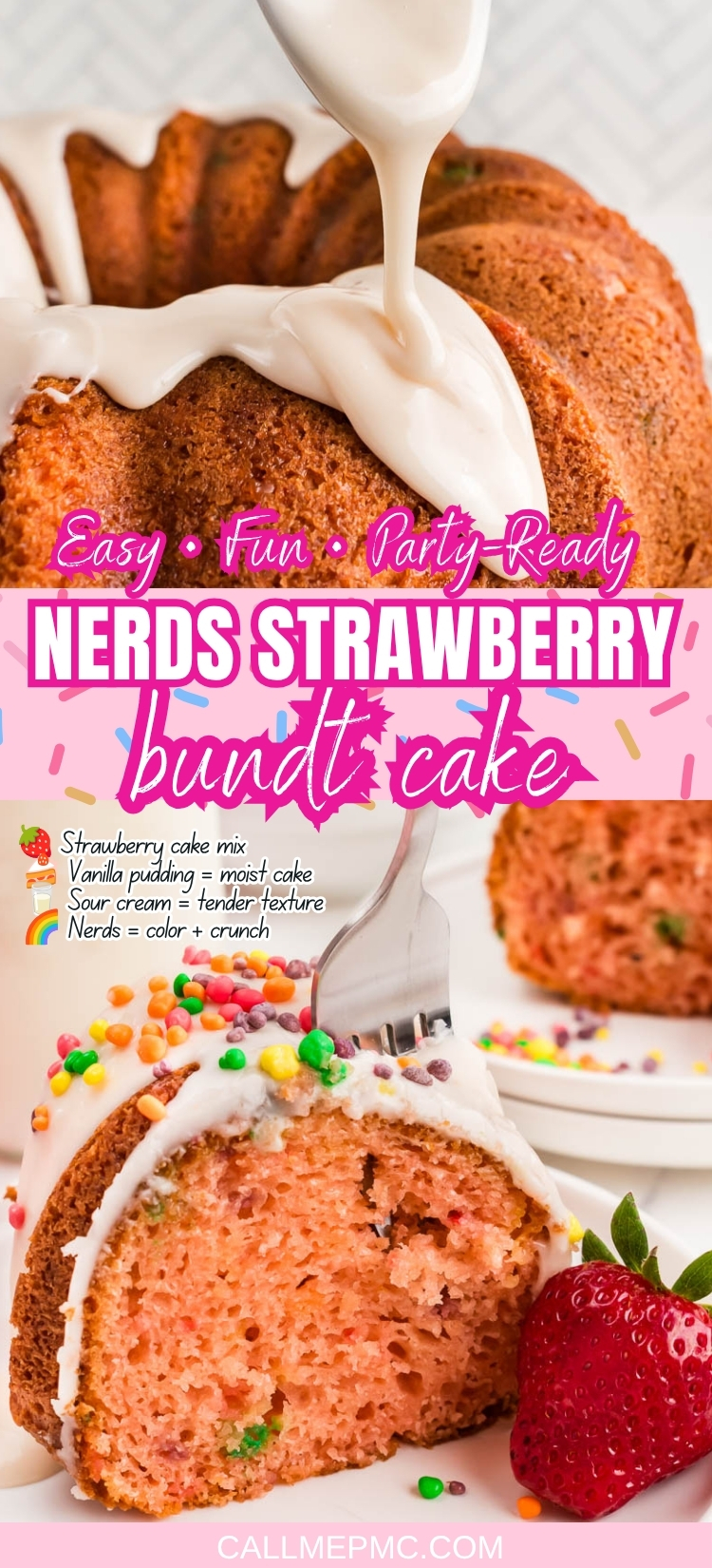 Indulge in this easy, fun, and party-ready Nerds Strawberry Bundt Cake—topped with luscious white icing and a playful sprinkle of colorful Nerds candy. Sliced on a plate with a fresh strawberry and fork, this vibrant cake is sure to steal the show at your next celebration. Recipe ingredients and website details are also shown for effortless baking.