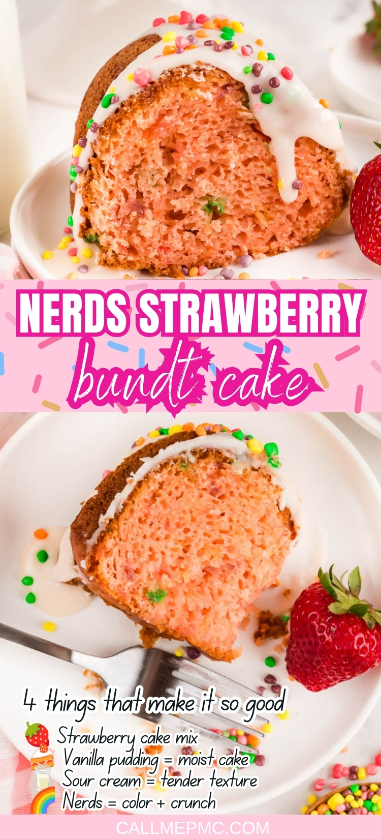 A slice of Nerds Strawberry Bundt Cake with white icing and colorful sprinkles is served on a plate with a fresh strawberry. The text highlights the cake’s unique ingredients—infused with the tangy sweetness of Nerds candy—and its delightful features.