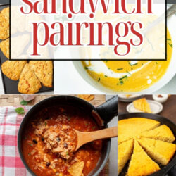 Collage of soups, bread, and sandwiches including cornbread, baguette, chili, vegetable soup, biscuits, and creamy soup with chives. Text reads: “Soup and Bread or Sandwich Pairings.”.