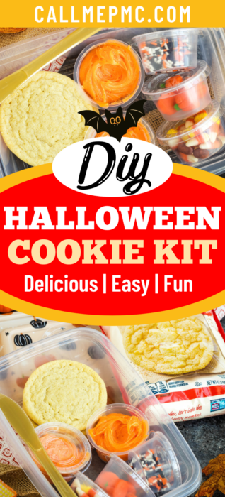 A DIY Halloween cookie kit containing assorted cookies, orange frosting, and containers of festive sprinkles and candies.