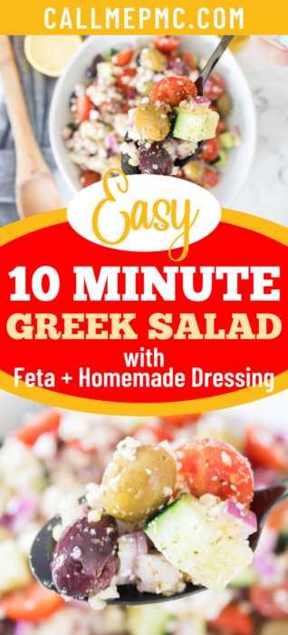 A serving spoon lifting a Greek salad with olives, cucumber, tomatoes, and feta cheese, accompanied by text reading “Easy 10 Minute Greek Salad with Feta + Homemade Dressing.”