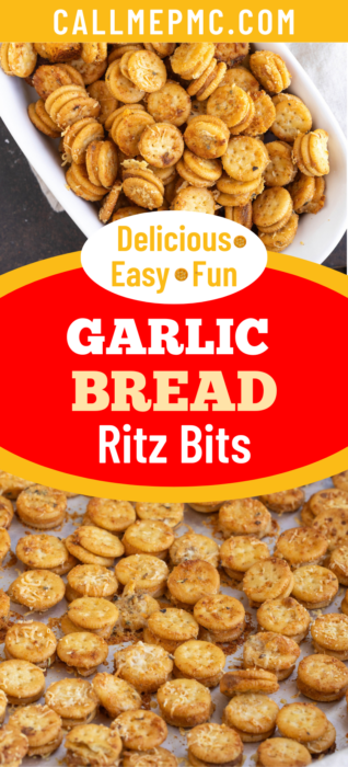 A white bowl and a baking sheet filled with garlic bread Ritz Bits, with text overlay reading “Delicious Easy Fun” and “GARLIC BREAD Ritz Bits.”